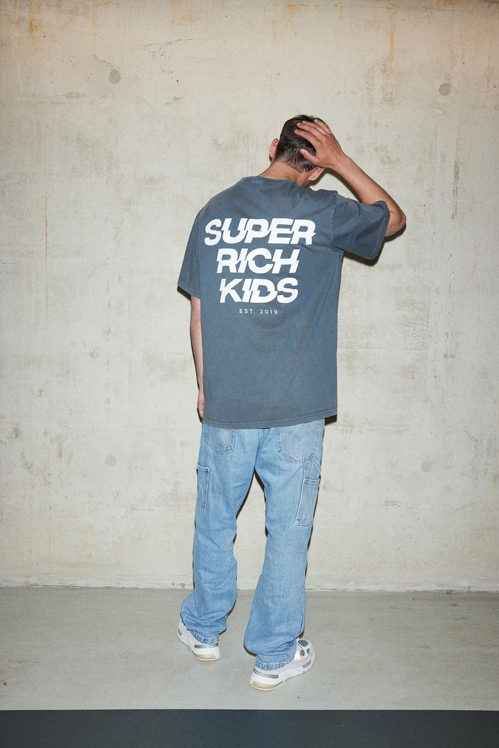 'Super Rich Kids' T-Shirt Acid Wash Grey & White logo