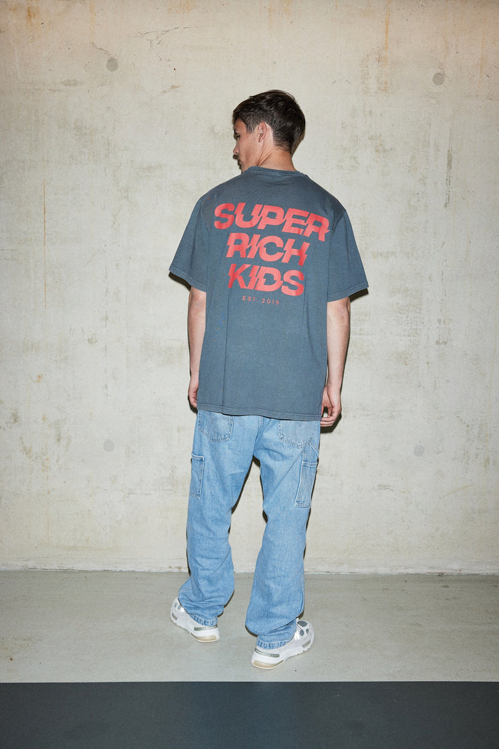 'Super Rich Kids' T-Shirt Acid Wash Grey & Red logo