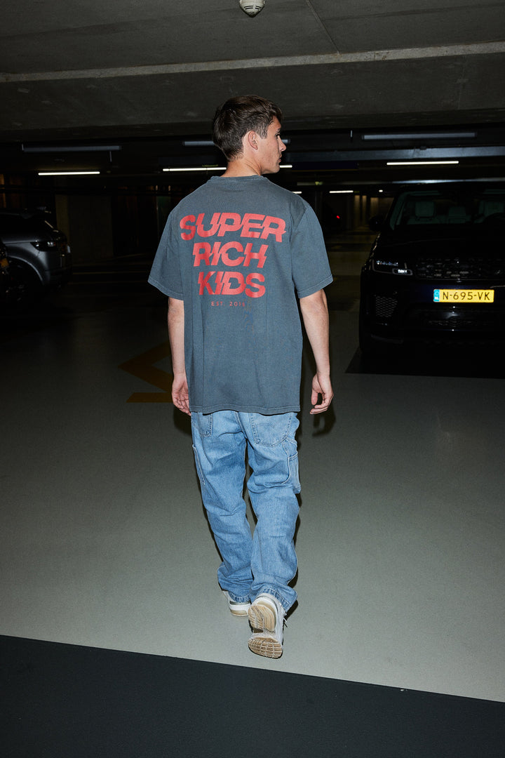 'Super Rich Kids' T-Shirt Acid Wash Grey & Red logo
