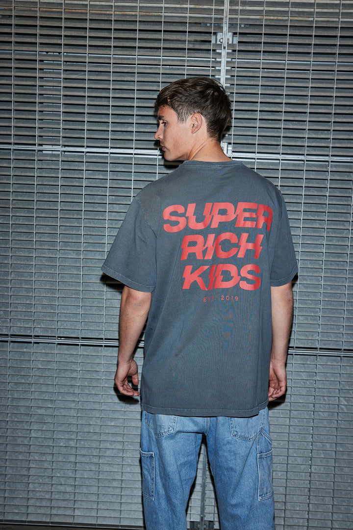 'Super Rich Kids' T-Shirt Acid Wash Grey & Red logo