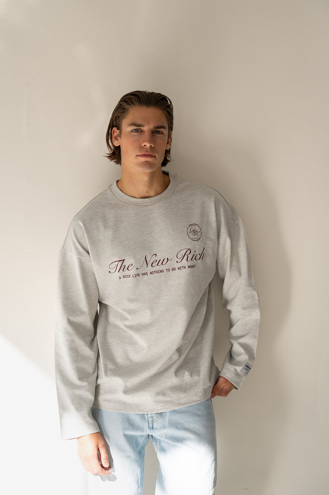 'Rich Life' Longsleeve tee 'Grey Melange & Burgundy'