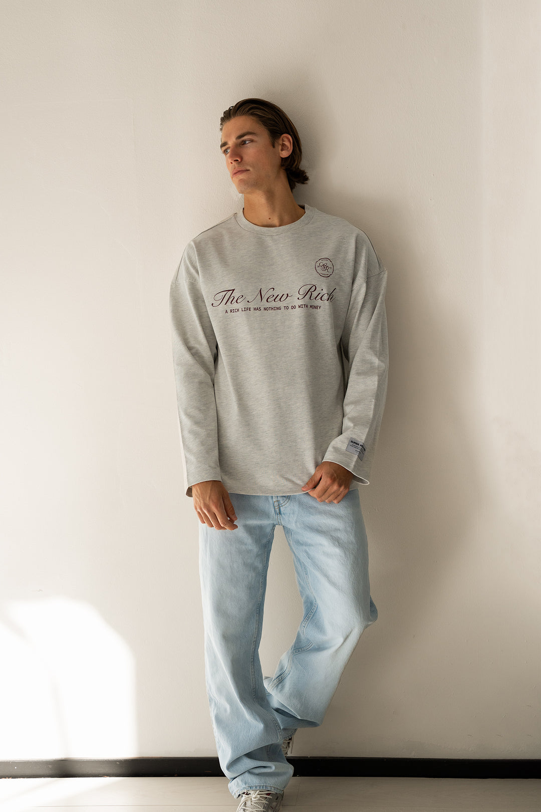 'Rich Life' Longsleeve tee 'Grey Melange & Burgundy'