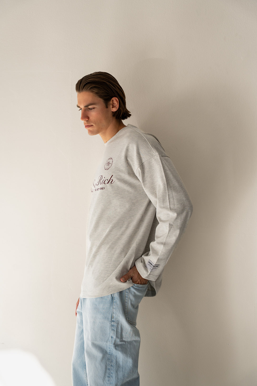 'Rich Life' Longsleeve tee 'Grey Melange & Burgundy'