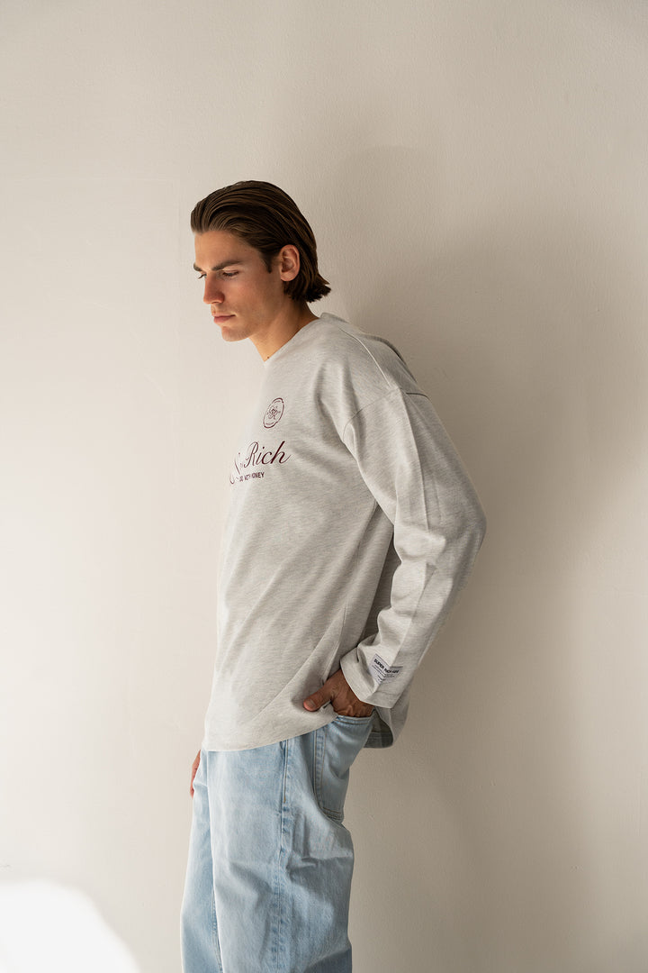 'Rich Life' Longsleeve tee 'Grey Melange & Burgundy'