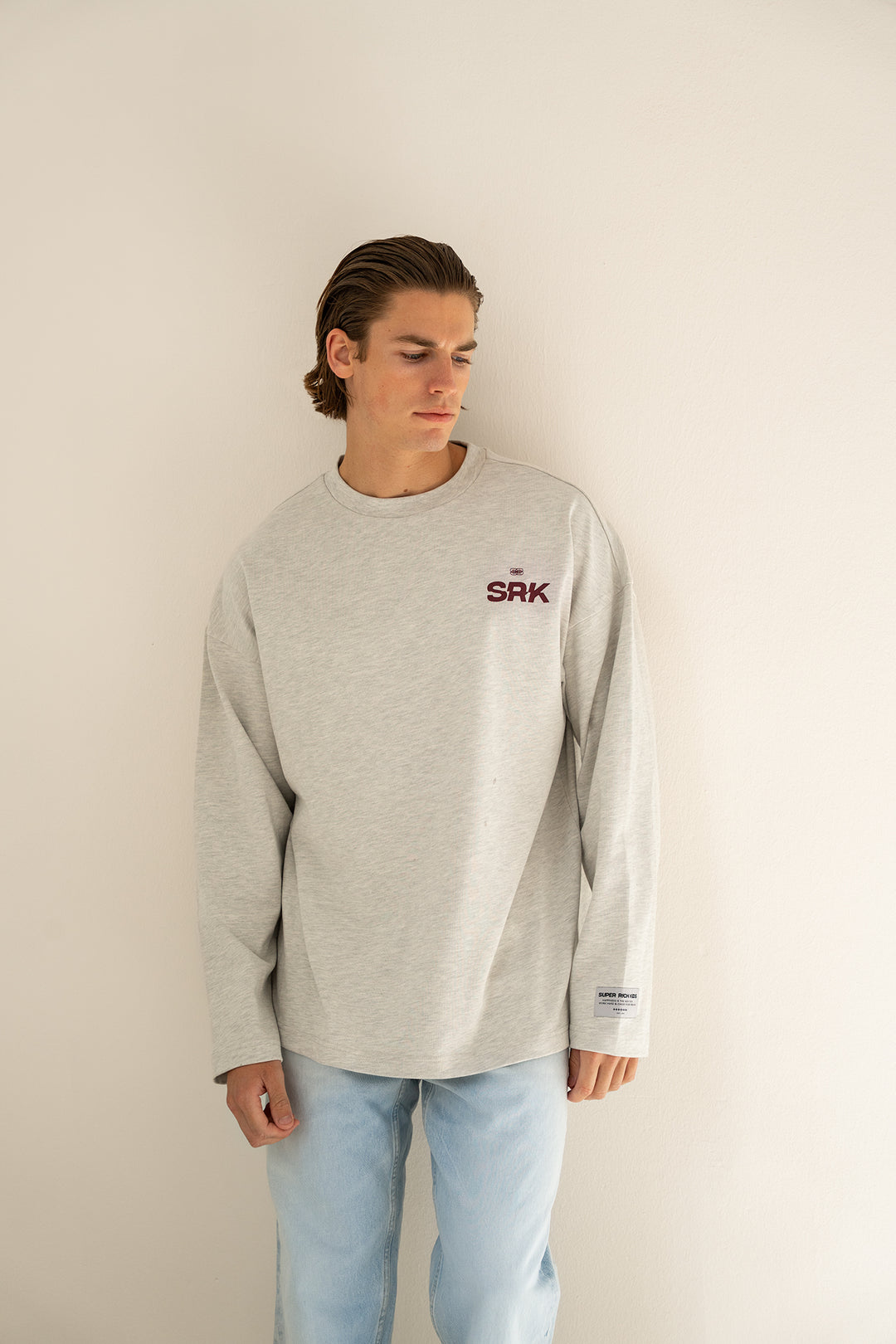 'THE NEW RICH' Longsleeve tee 'Grey Melange & Burgundy'