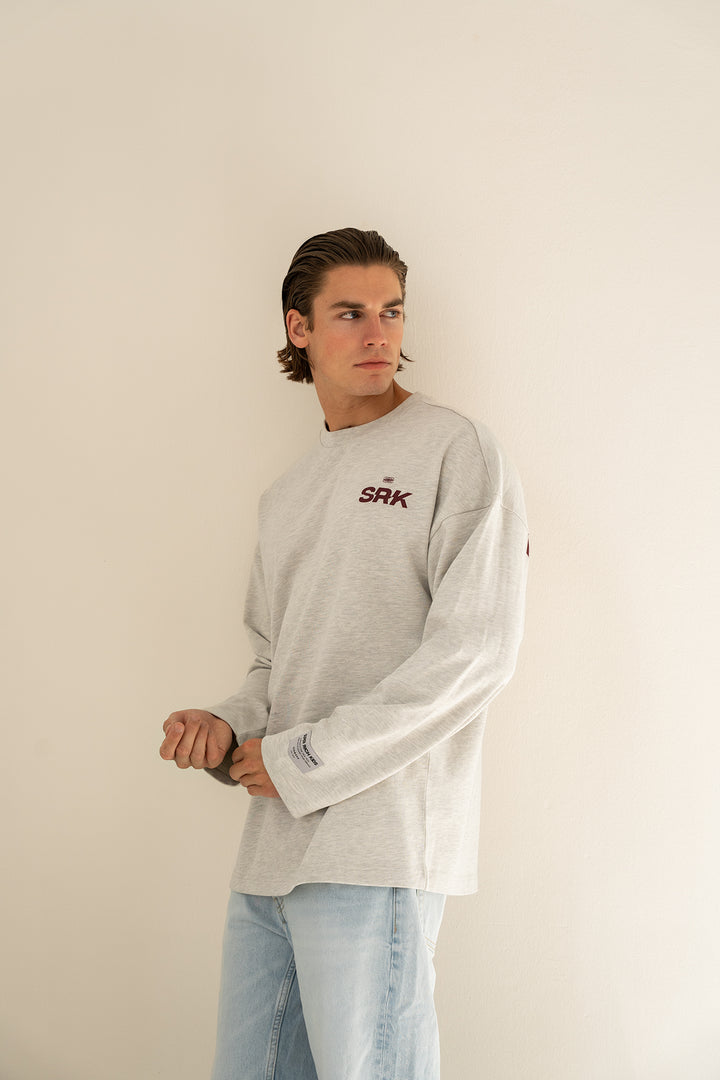 'THE NEW RICH' Longsleeve tee 'Grey Melange & Burgundy'