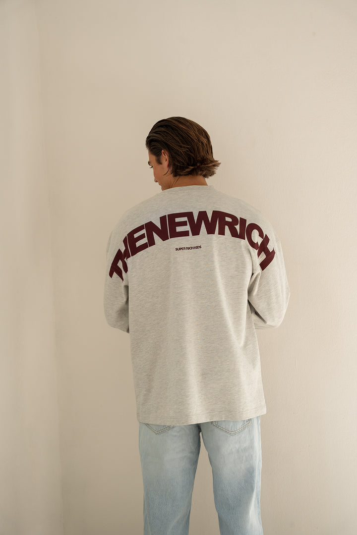 'THE NEW RICH' Longsleeve tee 'Grey Melange & Burgundy'