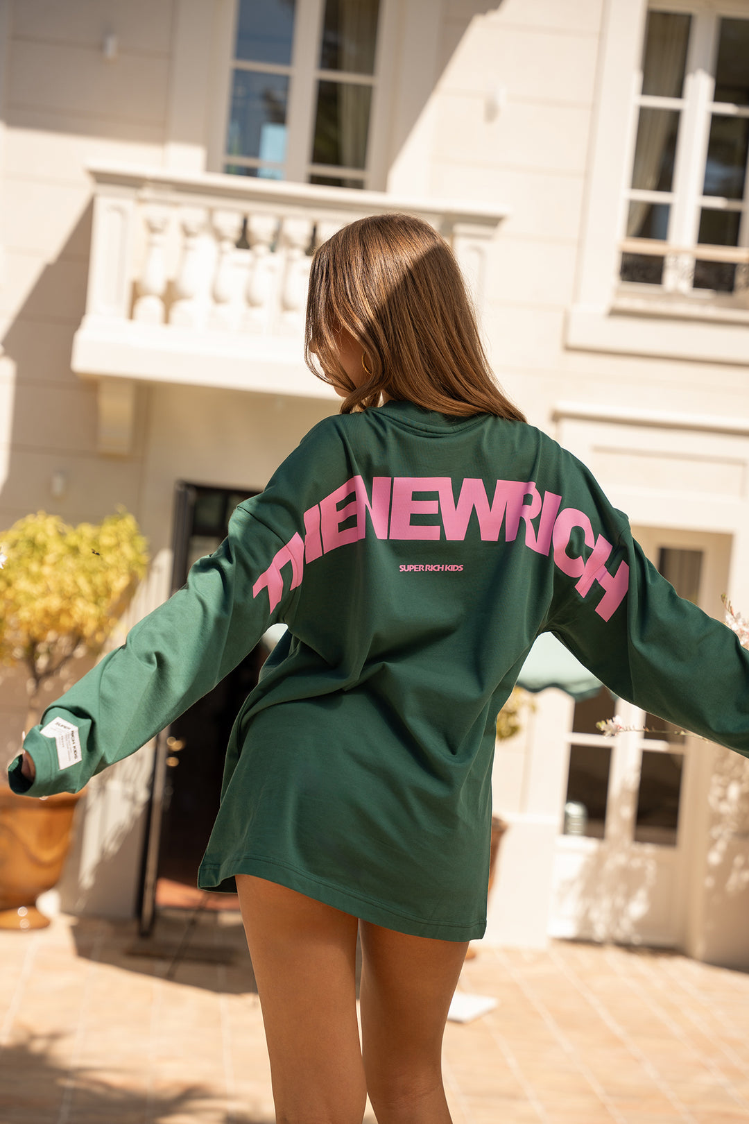 'THE NEW RICH' Longsleeve tee - Green & Pink