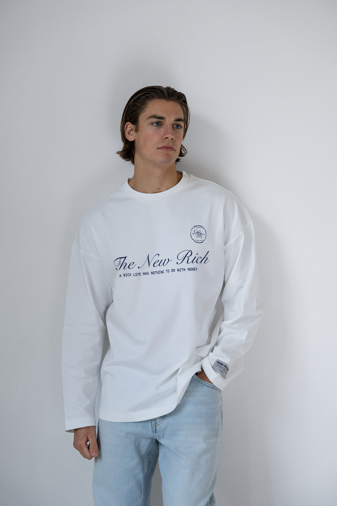 'Rich Life' Longsleeve Tee 'Off White & Navy'