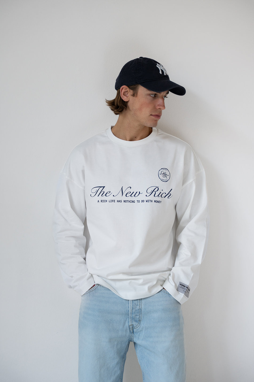 'Rich Life' Longsleeve Tee 'Off White & Navy'