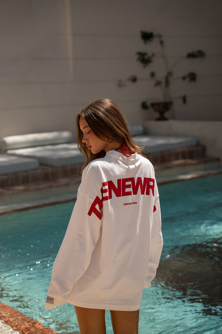 'THE NEW RICH' Longsleeve Tee - Off White & Red