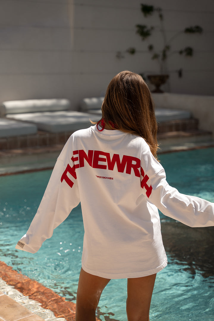 'THE NEW RICH' Longsleeve Tee - Off White & Red