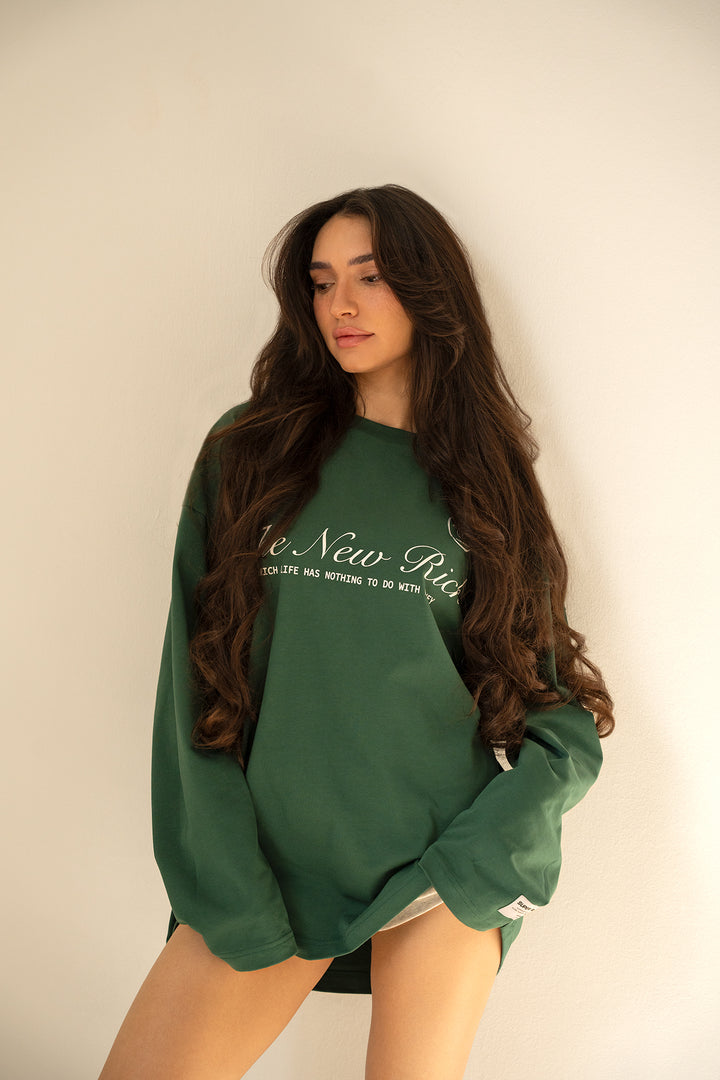 'Rich Life' Longsleeve Tee 'Green & White'