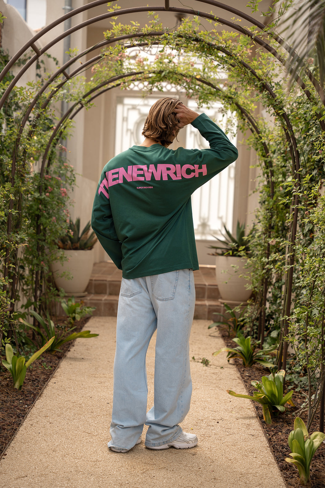 'THE NEW RICH' Longsleeve tee - Green & Pink