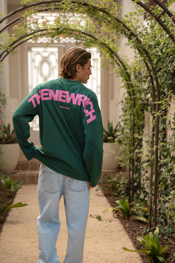 'THE NEW RICH' Longsleeve tee - Green & Pink