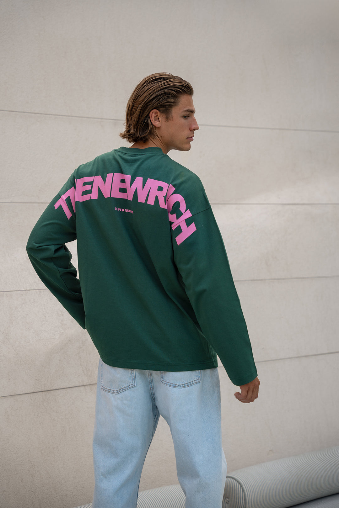 'THE NEW RICH' Longsleeve tee - Green & Pink
