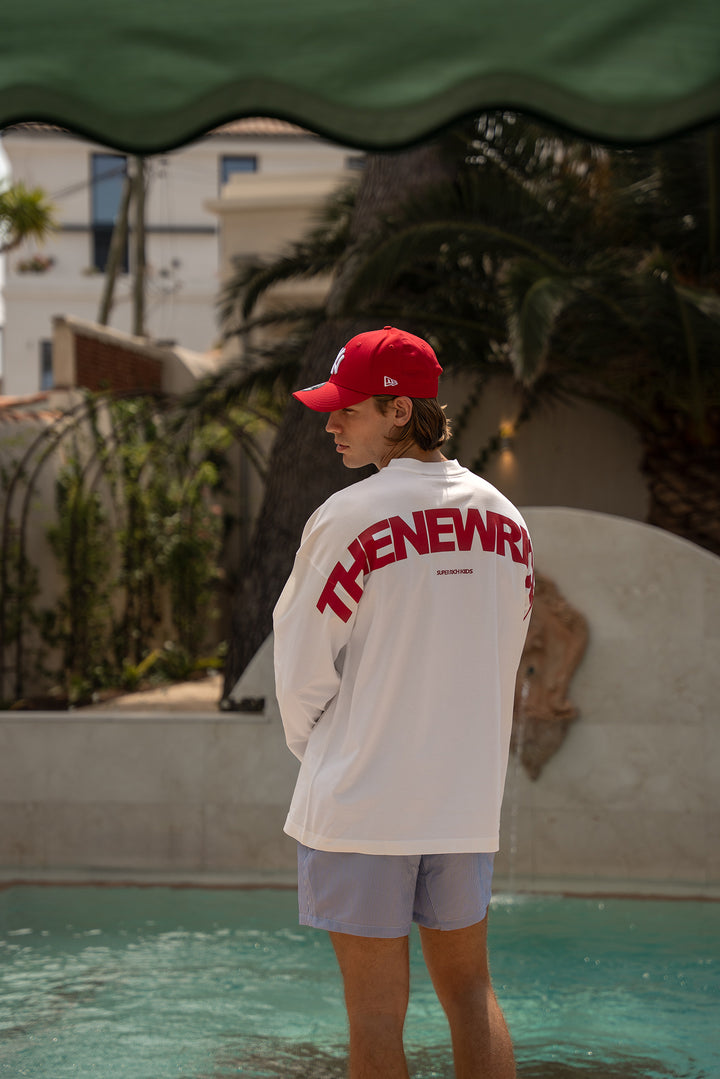 'THE NEW RICH' Longsleeve Tee - Off White & Red