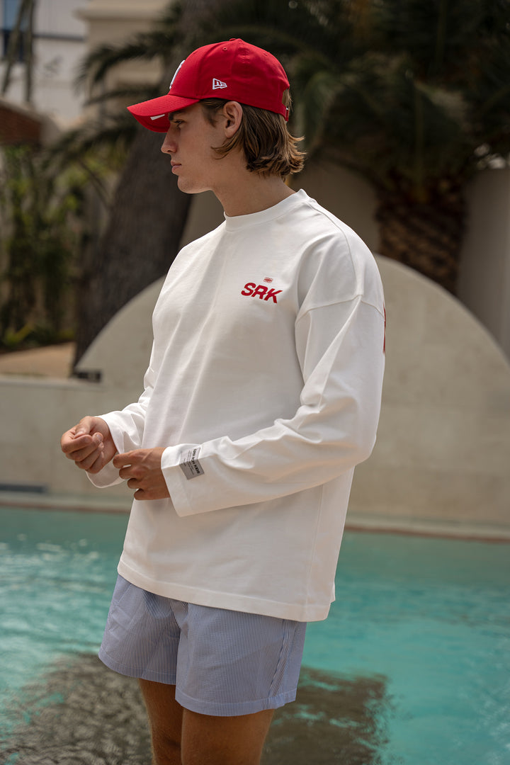 'THE NEW RICH' Longsleeve Tee - Off White & Red
