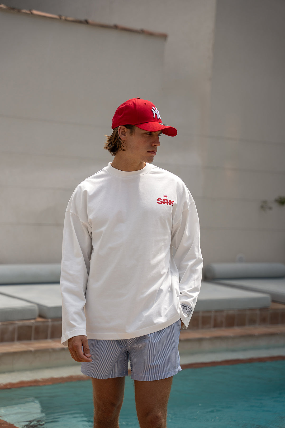 'THE NEW RICH' Longsleeve Tee - Off White & Red