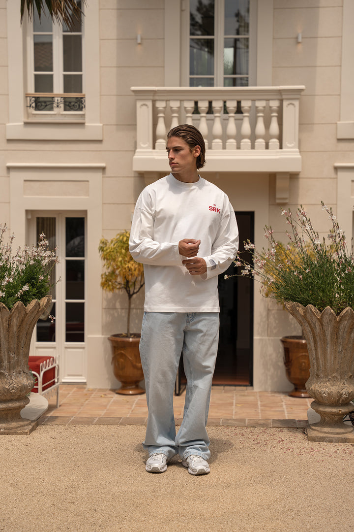 'THE NEW RICH' Longsleeve Tee - Off White & Red