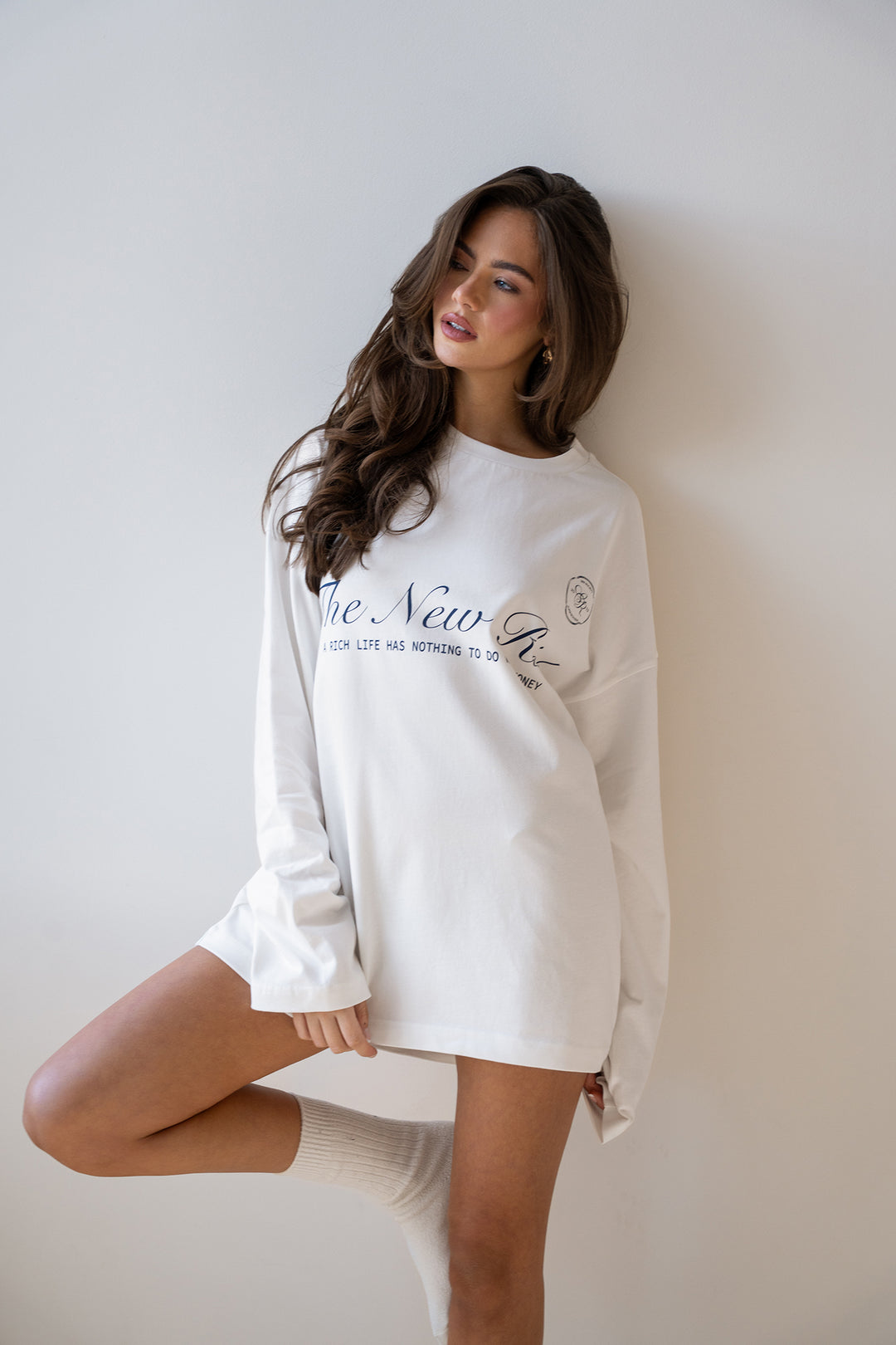 'Rich Life' Longsleeve Tee 'Off White & Navy'