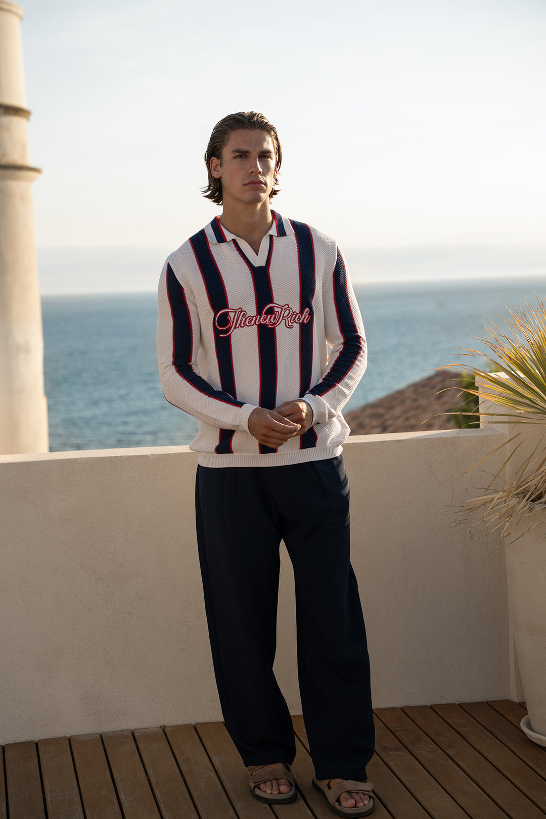Knitted Polo Long Sleeve Striped – Off-white, Navy &amp; Red