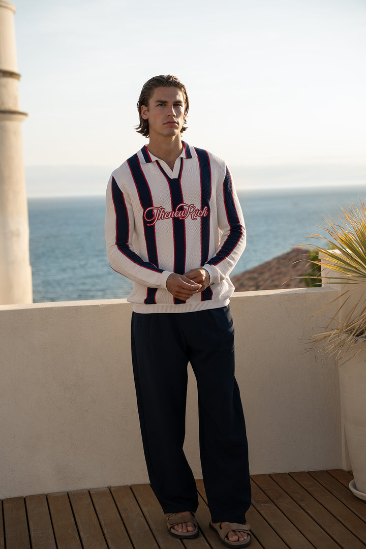 Knitted Polo Long Sleeve Striped – Off-white, Navy &amp; Red