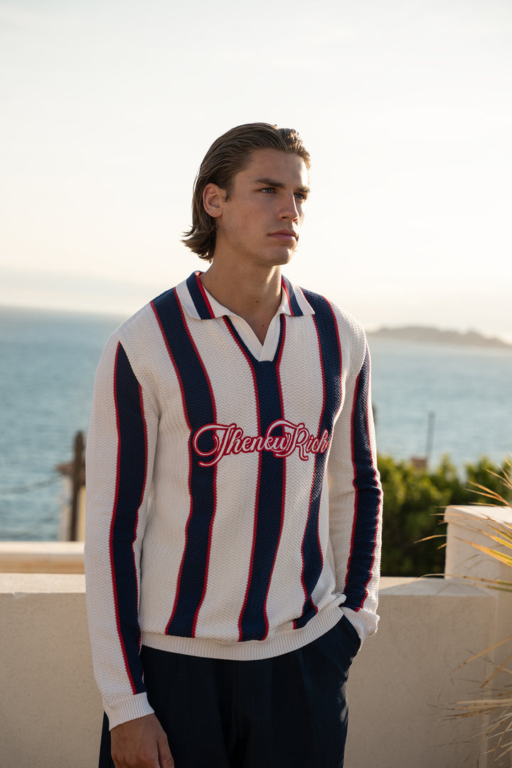 Knitted Polo Long Sleeve Striped – Off-white, Navy &amp; Red