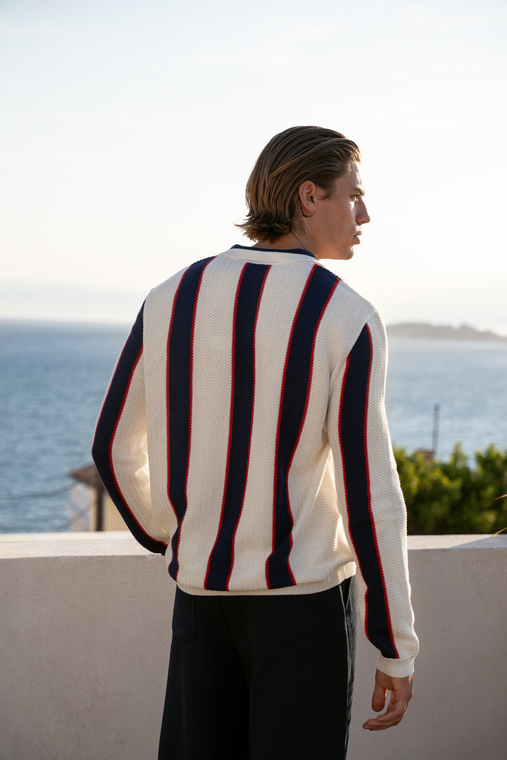 Knitted Polo Long Sleeve Striped – Off-white, Navy &amp; Red