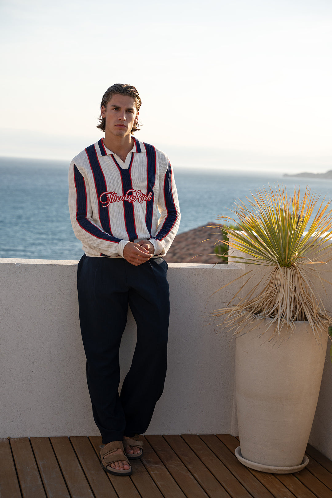 Knitted Polo Long Sleeve Striped – Off-white, Navy &amp; Red