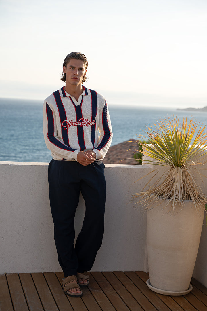 Knitted Polo Long Sleeve Striped – Off-white, Navy &amp; Red