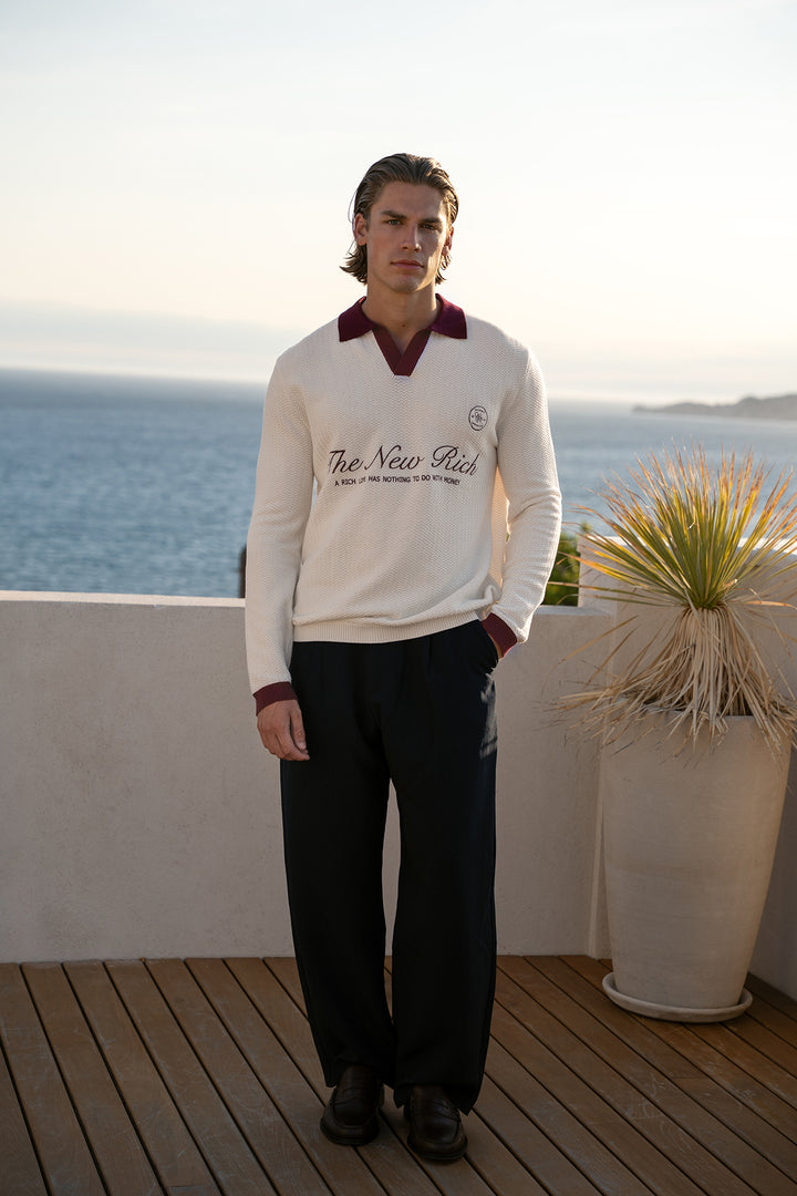 Knitted Polo Long Sleeve – Off-white &amp; Burgundy