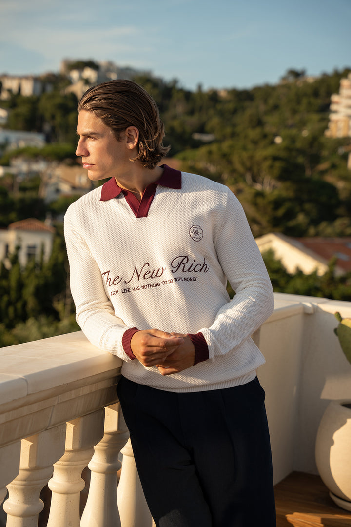 Knitted Polo Long Sleeve – Off-white &amp; Burgundy