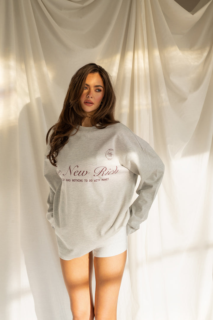 'Rich Life' Longsleeve tee 'Grey Melange & Burgundy'