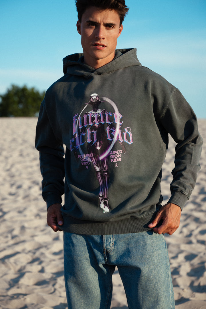 Hoodie 'Future Rich Kid' Acid Wash Grey & Purple