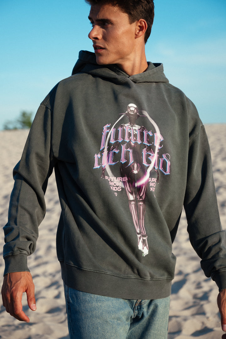 Hoodie 'Future Rich Kid' Acid Wash Grey & Purple