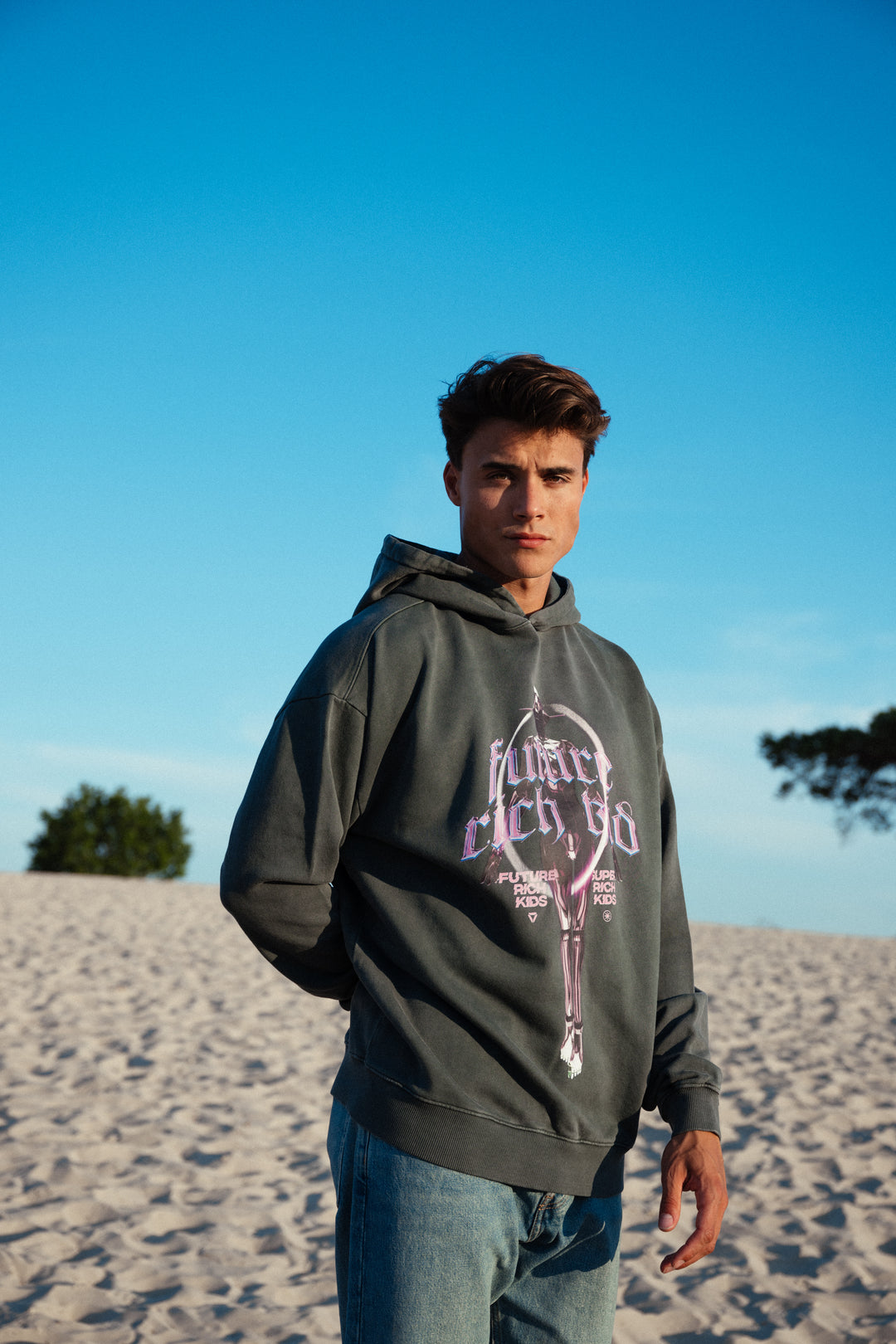 Hoodie 'Future Rich Kid' Acid Wash Grey & Purple