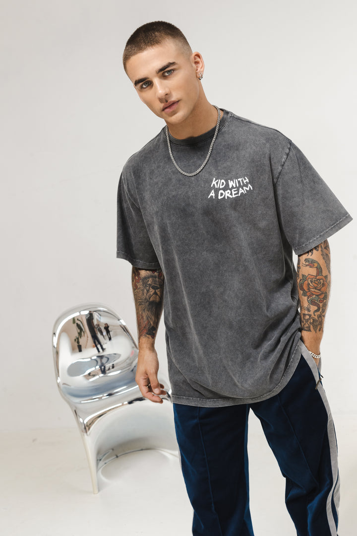 'Kid With a Dream' T-Shirt Acid Wash Grey