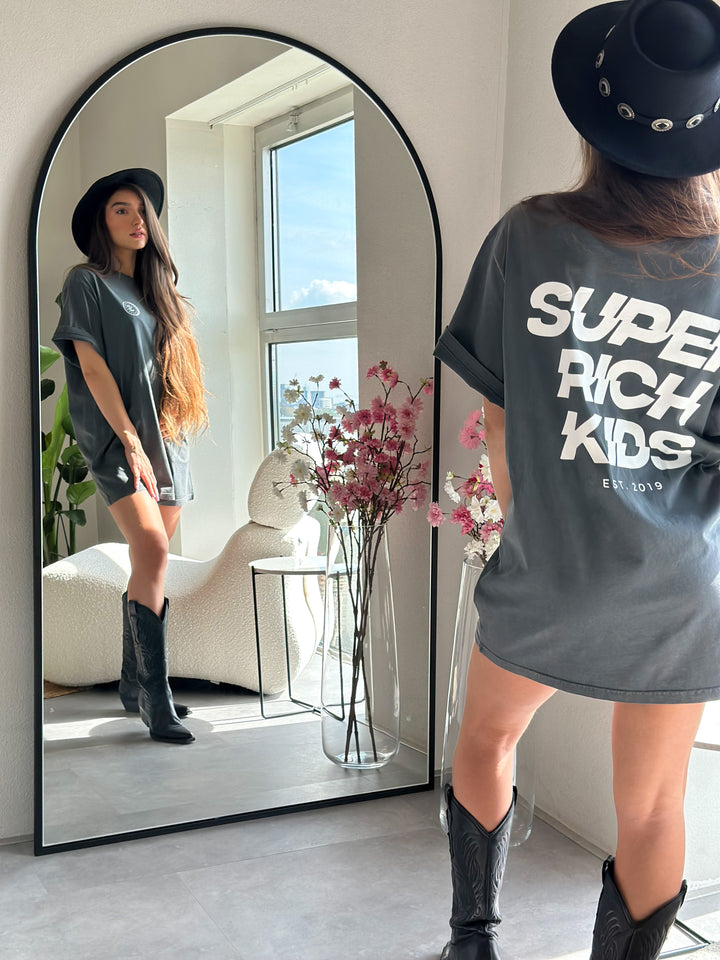 'Super Rich Kids' T-Shirt Acid Wash Grey & White logo