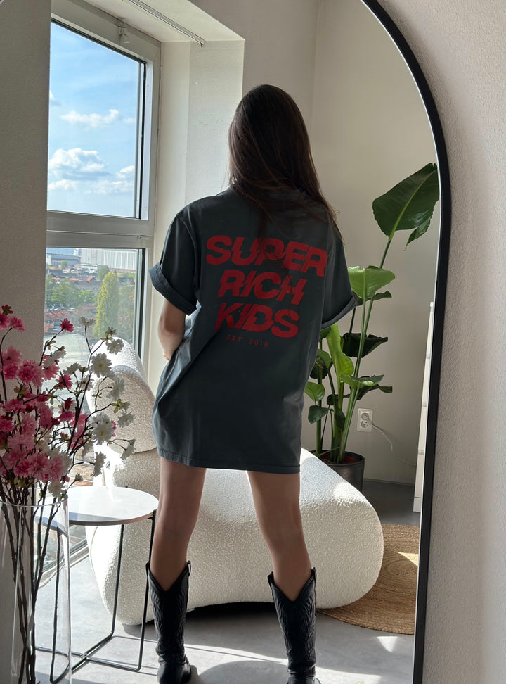 'Super Rich Kids' T-Shirt Acid Wash Grey & Red logo