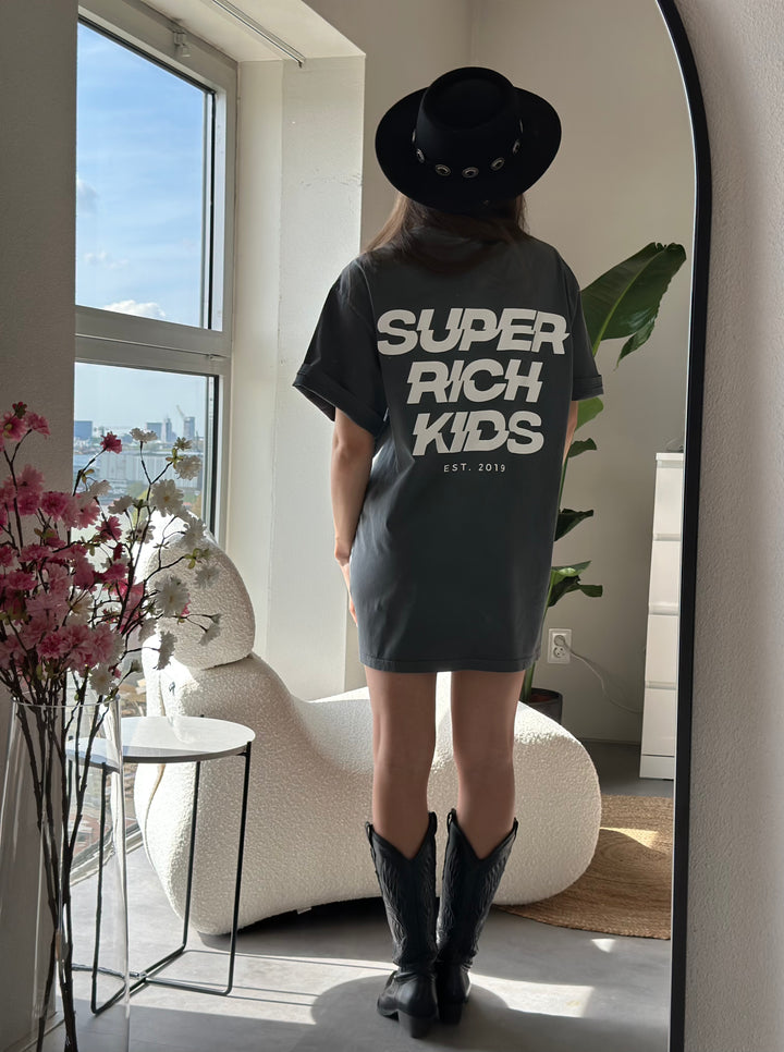 'Super Rich Kids' T-Shirt Acid Wash Grey & White logo