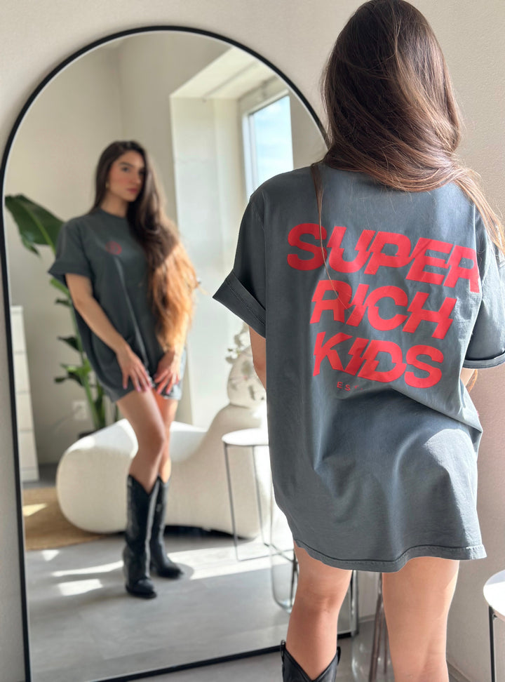 'Super Rich Kids' T-Shirt Acid Wash Grey & Red logo