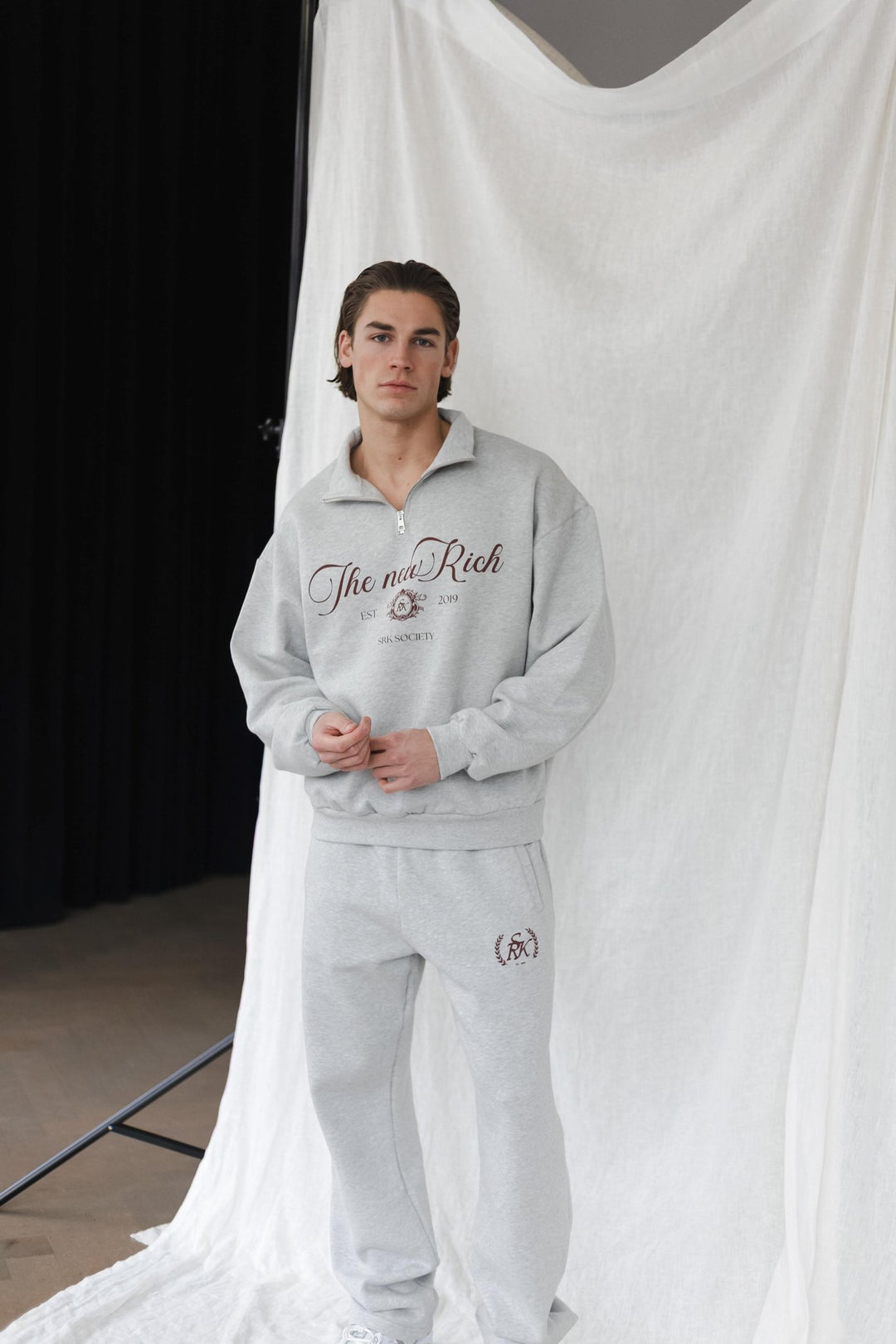 'The New Rich' Grey Melange & Burgundy Tracksuit